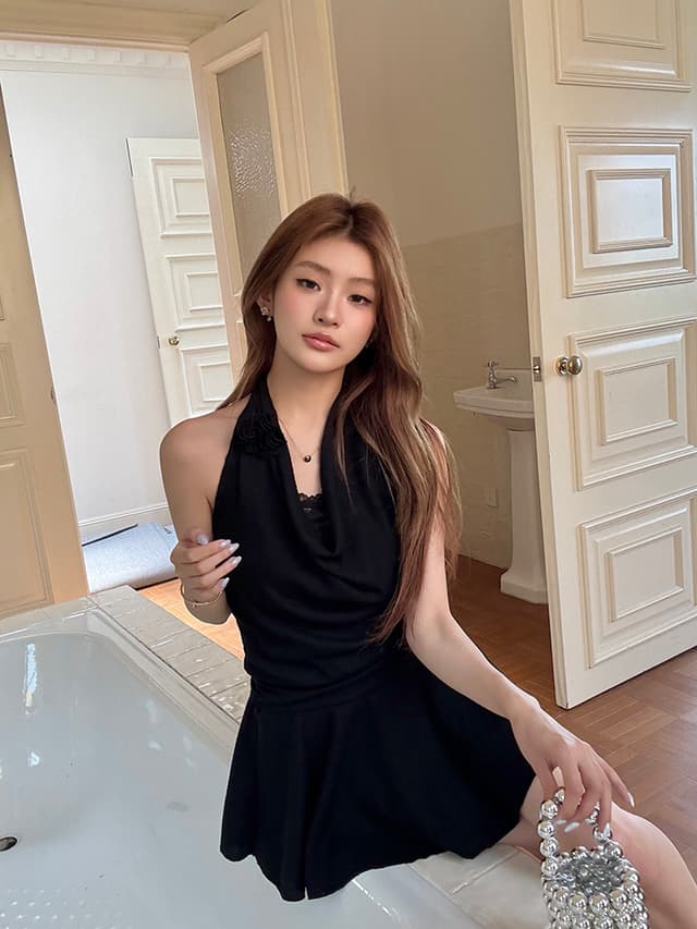 Summer night elf black sexy fake two-piece lace dress 
