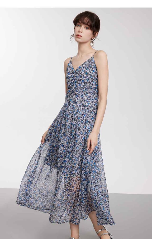 Blue flower design floral suspender dress