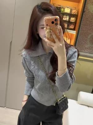 French-style polo collar pullover cable knit sweater for women