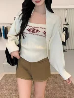  Winter New Fair Isle Sweater Two-Piece Set Women's Camisole Vest Knitted Shawl Top Set