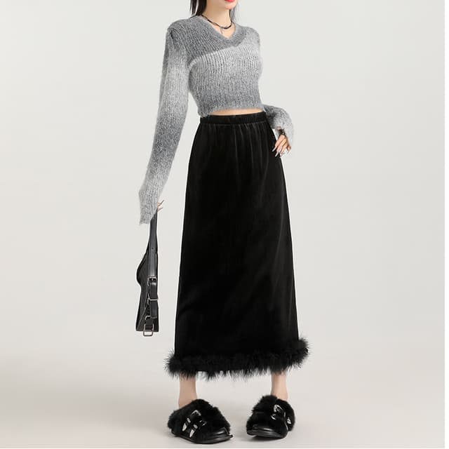  Autumn and winter high waist drape slit one-step skirt 