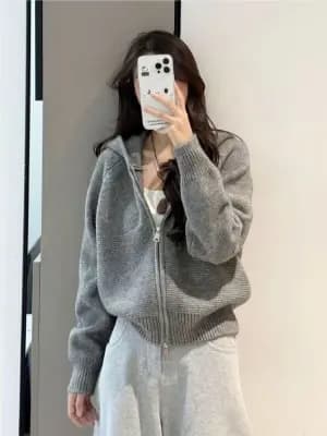 Korean-style relaxed, wavy pattern double-zip hooded sweater cardigan