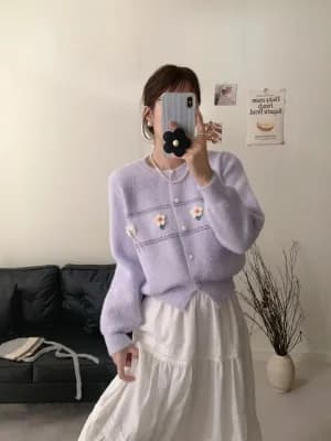 Korean style gentle handmade floral appliqué knitted cardigan for women