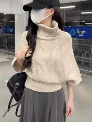 Grey cable knit turtleneck sweater for women