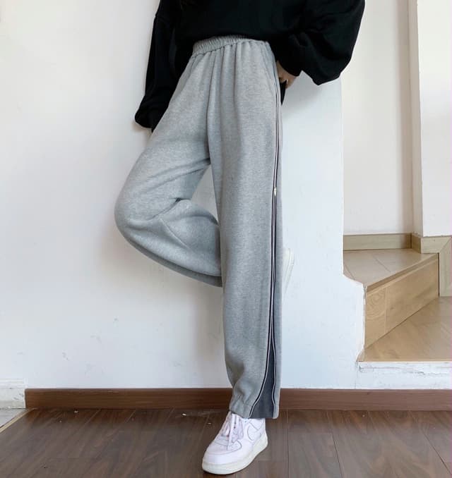 Fashion contrast color zipper sports leggings high waist Harajuku BF loose slim straight trousers