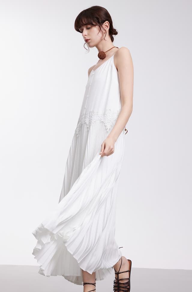 French style white accordion pleated suspender long skirt