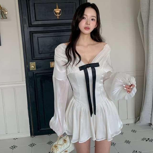 New French Cross-border Fashion Design V-neck Bow Waist Sweet Long Sleeve Dress 