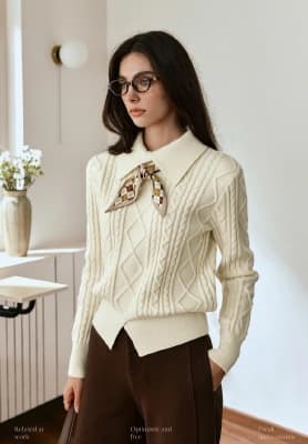 New High-End Polo Collar Long-Sleeve Knit Top for Women