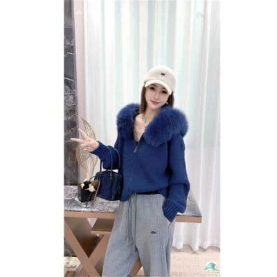Winter Lazy Style Loose Knit Cardigan with Large Fur Collar and Zipper