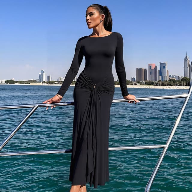 Long-sleeved decorative buckle tie-up long dress