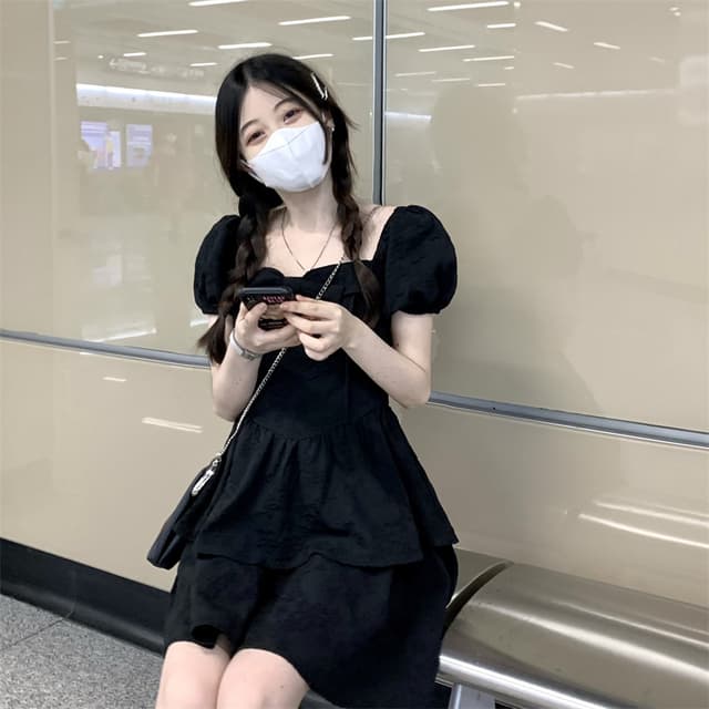 Slimming A-line skirt college style short sleeve dress