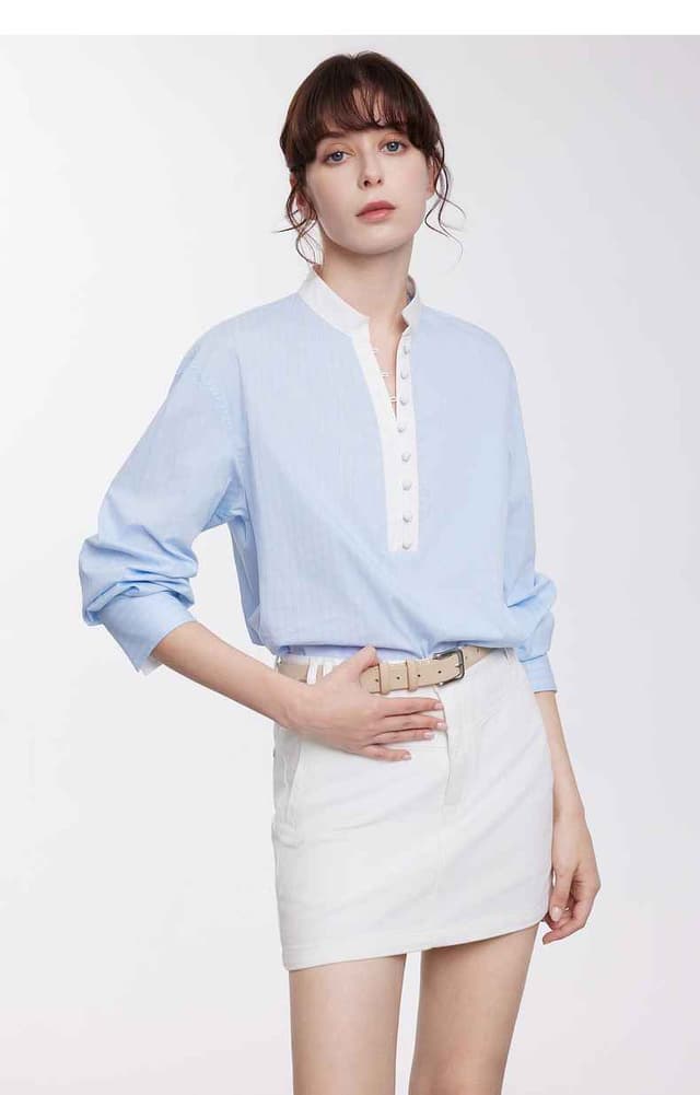 Blue and white striped new Chinese style small stand-up collar shirt