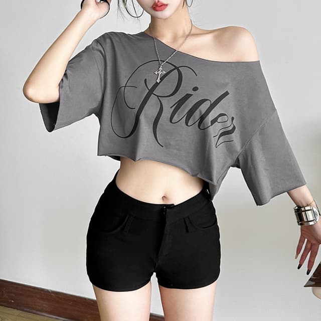 Design fashion print short-sleeved navel-baring top