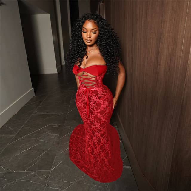 Girl Strapless Lace-up See-through Patchwork Bodycon Sexy Long Skirt
