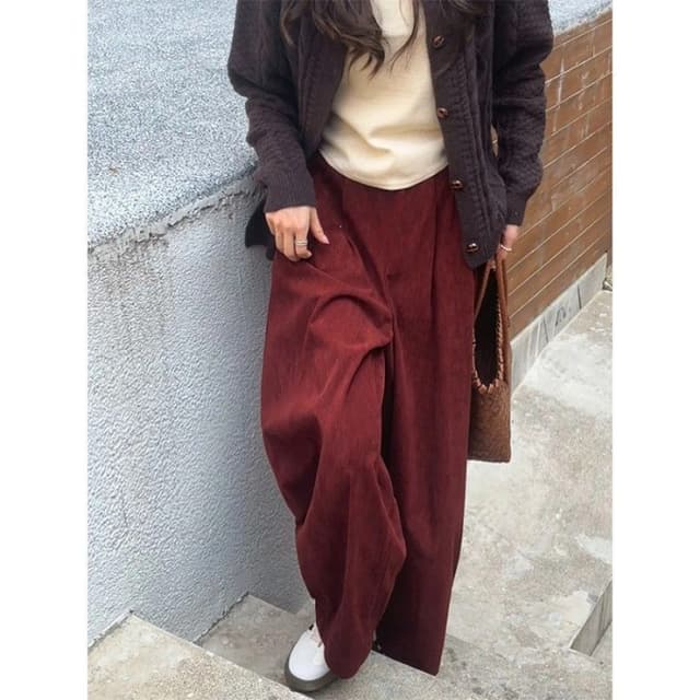 Angora red autumn and winter plus velvet thickened corduroy wide-leg pants