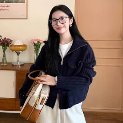 Lapel Zipper Cardigan Sweater,New Style Wool Sweater Coat Lazy Style Retro Soft and Skin