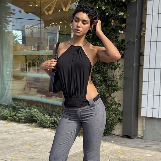 New solid color halter neck sleeveless backless fashion trend sexy versatile suspender top