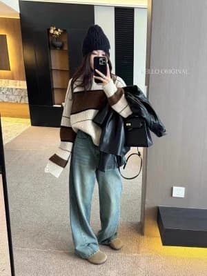  New Korean Style Loose-fitting Striped Alpaca Wool Sweater, Soft and Cozy Knit Top