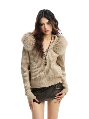 Korean style detachable large fur collar hooded sweater for women