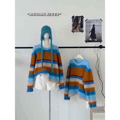 Dopamine-enhanced colorful striped round neck sweater for women