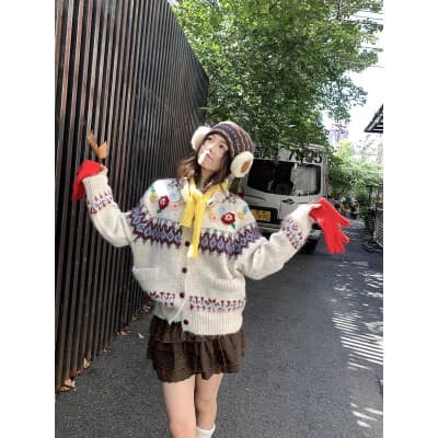 Xinbangbang Sweet Girl 3D Flower Sweater 2025 New Fair Isle Crochet Single-Breasted Knit Cardigan