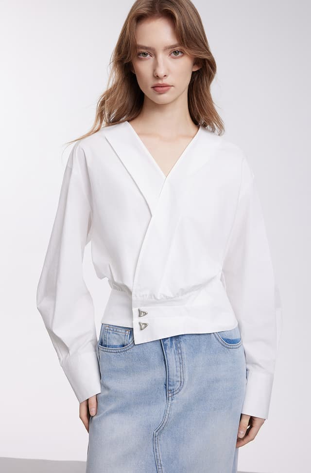 Pure cotton design V-neck waist shirt 