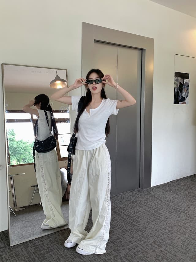 New Chinese style design lace splicing hollow wide-leg pants 
