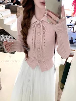 ladylike pink tie-neck knitted cardigan, preppy style, versatile, youthful, petite sweater
