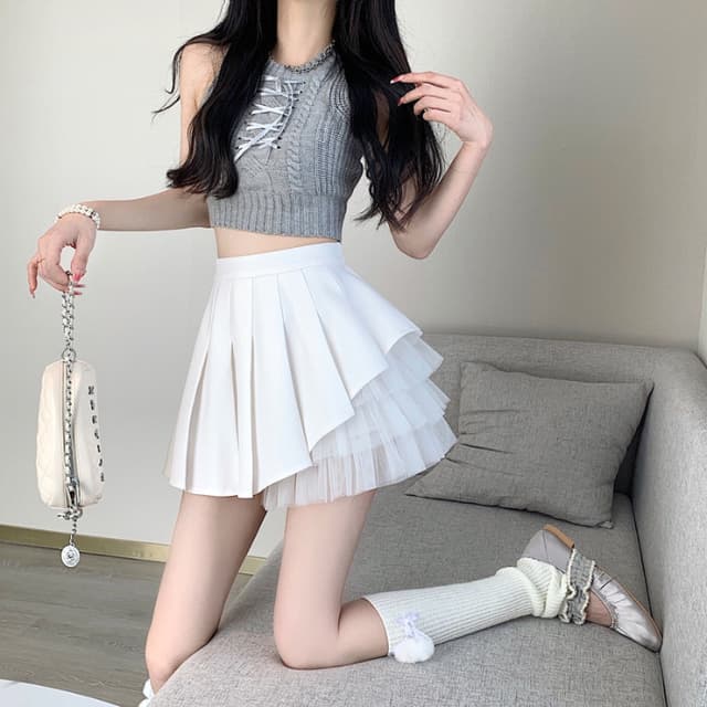 Summer high waist petite irregular design mesh A-line skirt