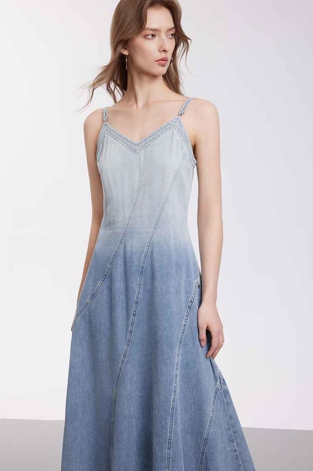 Modern gradient denim suspender dress 