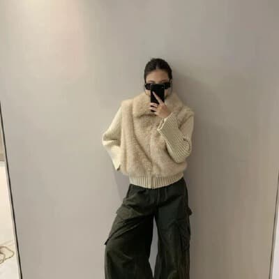 Niche retro knitted patchwork faux two-piece fur coat