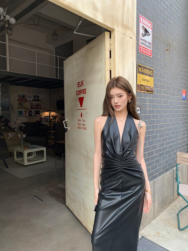 Desire halter neck fashionable deep V dress 