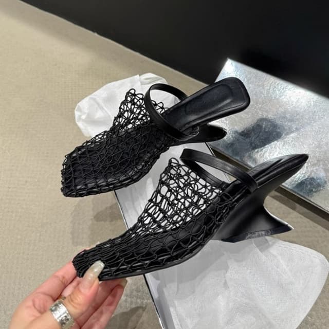 High-grade fishing net woven hollow breathable high-heeled sandals for women