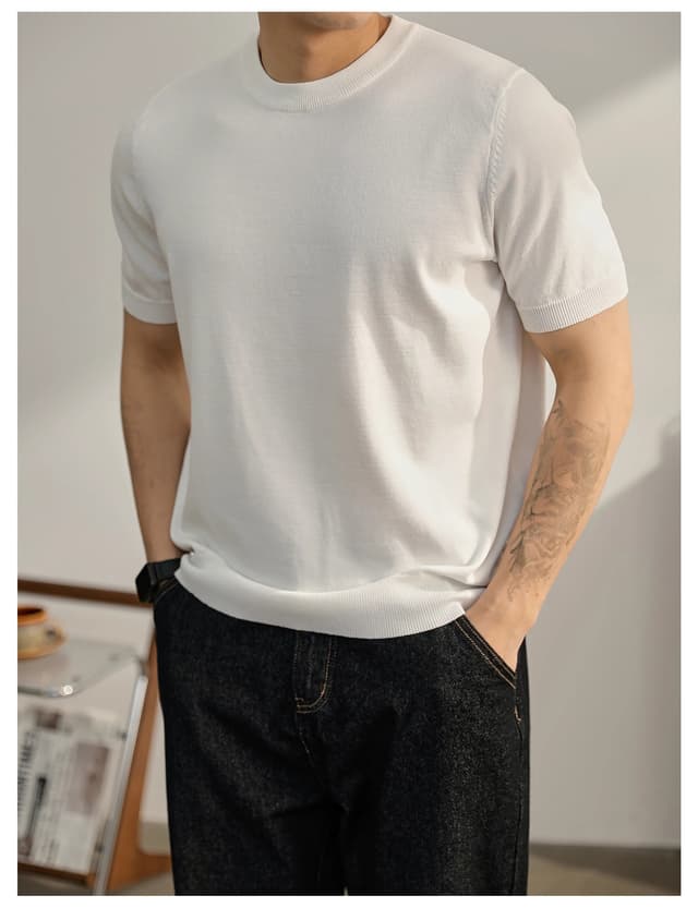 New Short-Sleeved Knitwear Men's Solid Color Ice Silk Slim Round Neck T-shirt