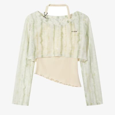 Blue halter neck long-sleeved openwork knit top for women, spring slim fit, waist-cinching, petite two-piece set.