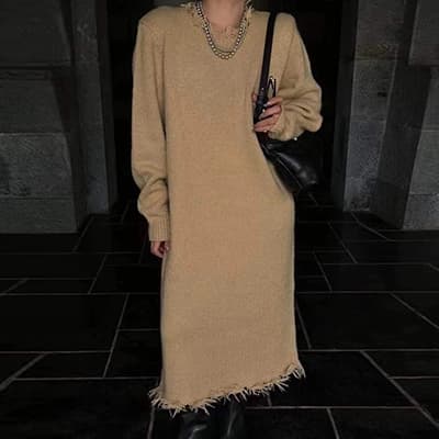 Long Over-the-Knee Tassel Sweater Dress Round Neck Korean Style Lazy Loose Knit Dress