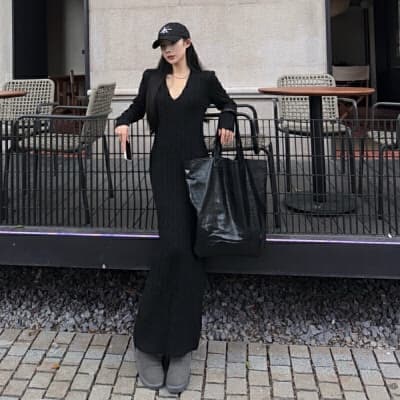 Korean style V-neck cable knit inner dress, slim fit, versatile base sweater long dress