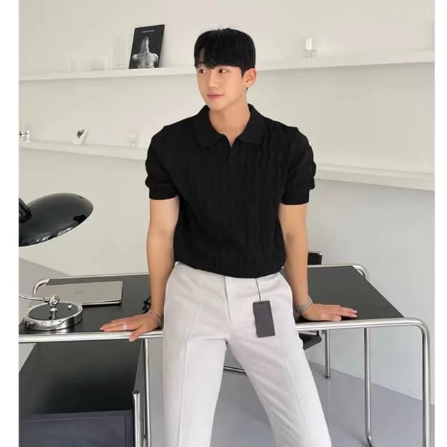 Polo Shirt Korean-style Slim-fit Solid Color Ice Silk Casual Lar Half-sleeved T-shirt