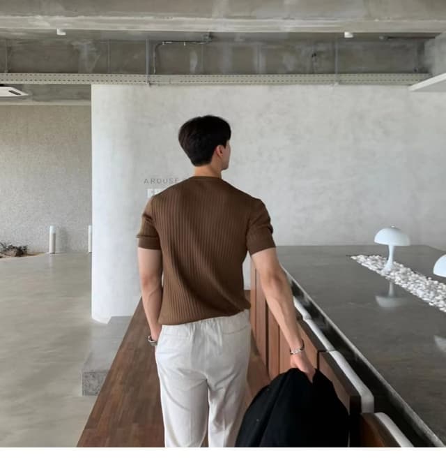 Short-Sleeve Casual Summer Slim-Fit Striped Solid Color Ice Silk T-Shirt