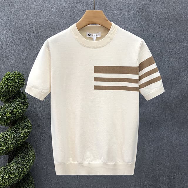 New short-sleeved sweater men's striped simple business light mature slim ice silk T-shirt