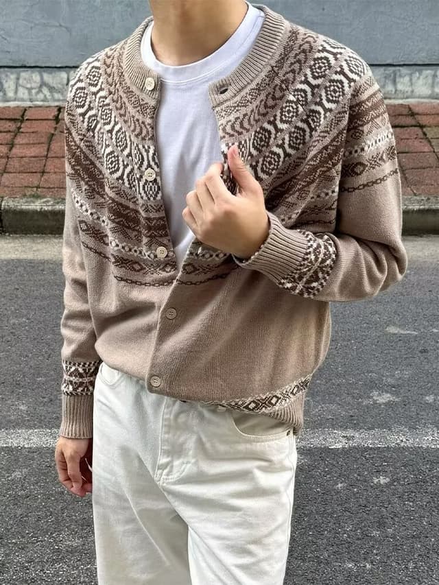 Fair Isle jacquard cardigan sweater men's